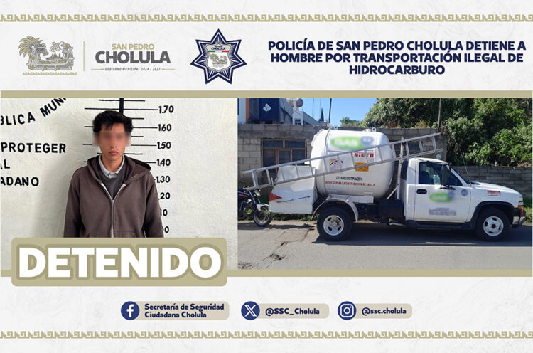 Policía de San Pedro Cholula detiene a hombre por transportación ilegal de hidrocarburo