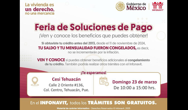 INFONAVIT realizará Ferias de Soluciones de Pago en Tehuacán