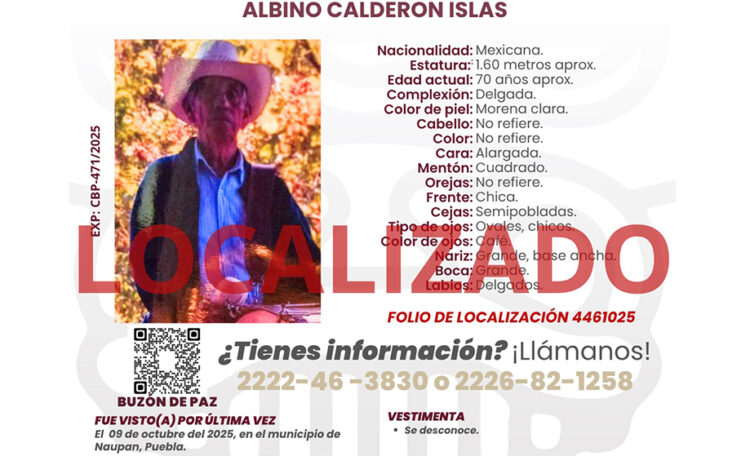 Comisión de Búsqueda localiza sin vida a Albino Calderón Islas en Naupan