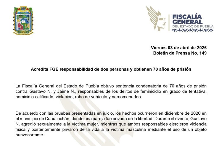 Acredita FGE responsabilidad de dos personas y obtienen 70 años de prisión