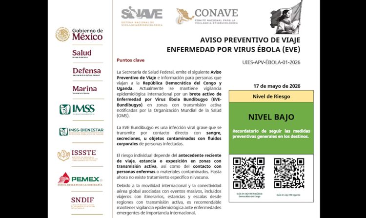 Secretaría de Salud emite aviso para viajes del Congo y Uganda a México por brote de ébola