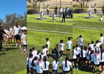 La Presidenta Sheinbaum convivió con menores de Mexicali la pasión del futbol